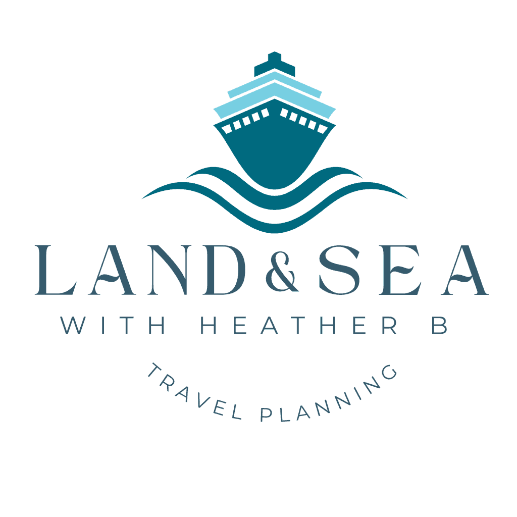 Land and Sea with Heather B logo featuring a ship icon and waves, representing travel planning servi.