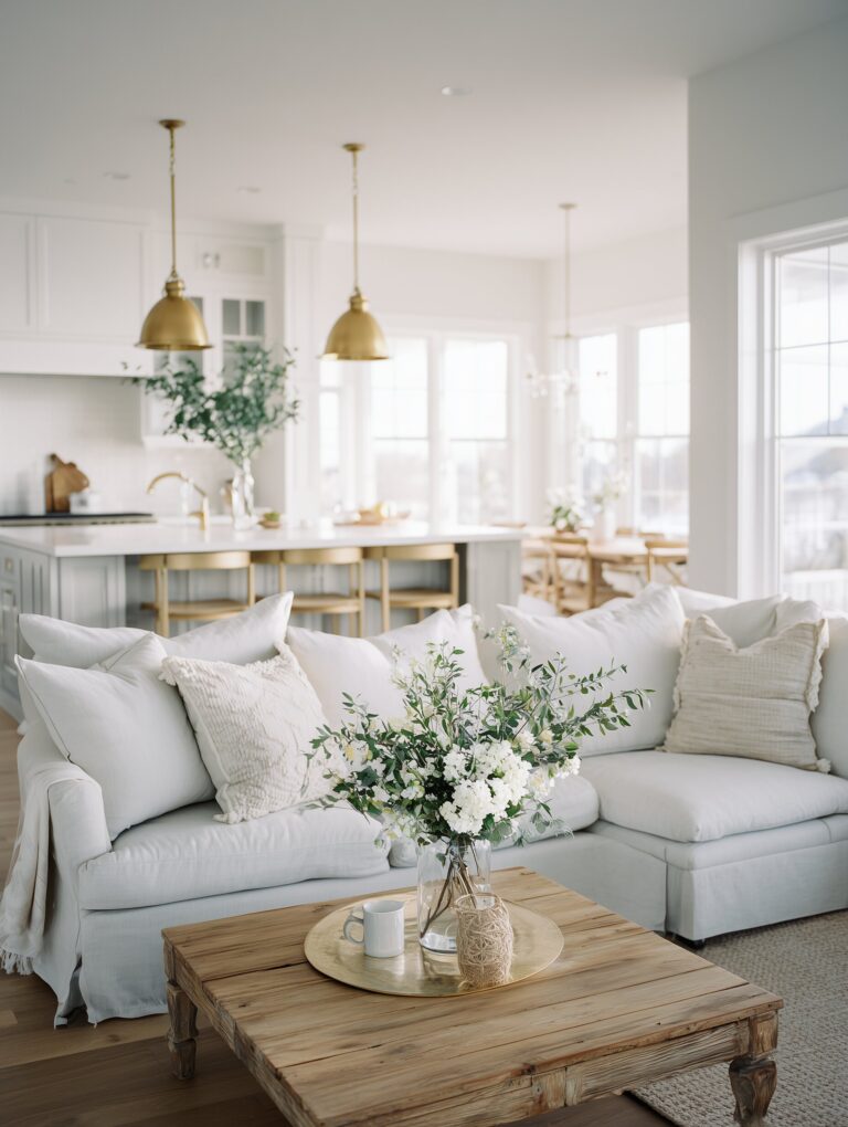 Bright, airy living room with white sofa and floral decor, coastal style.