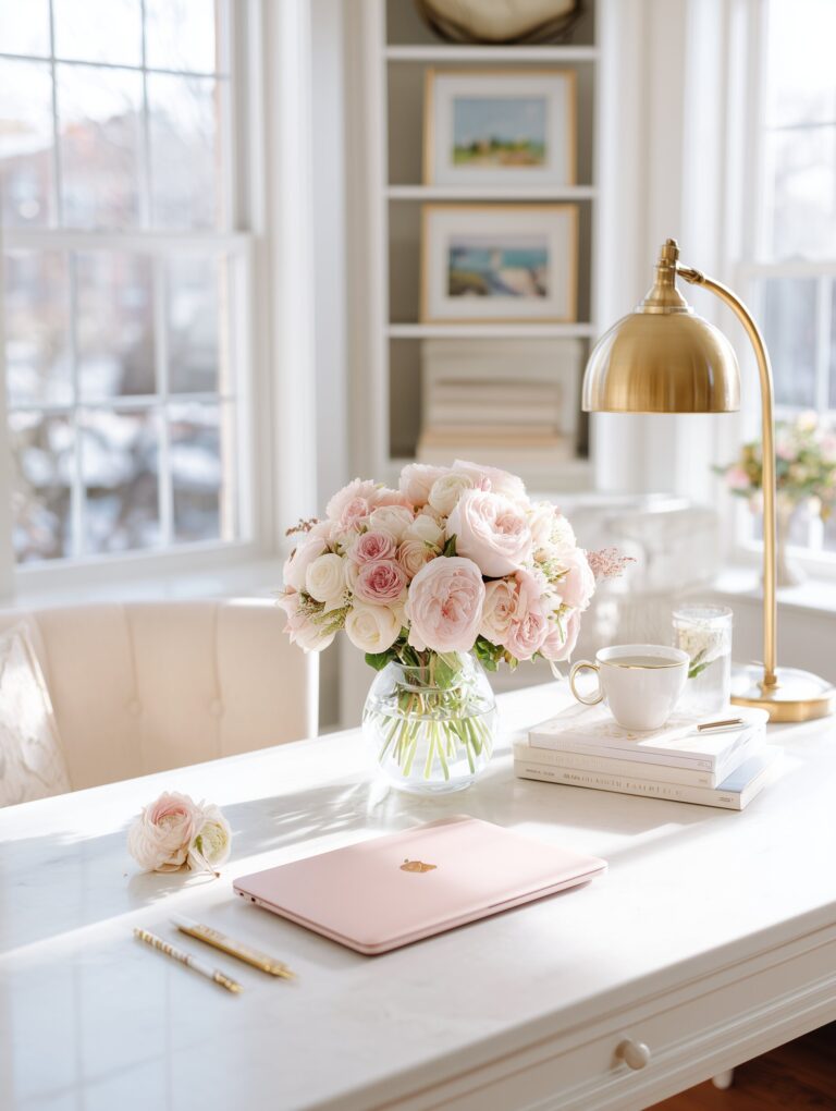 Bright home office with pink roses, gold lamp, and books on a white desk.